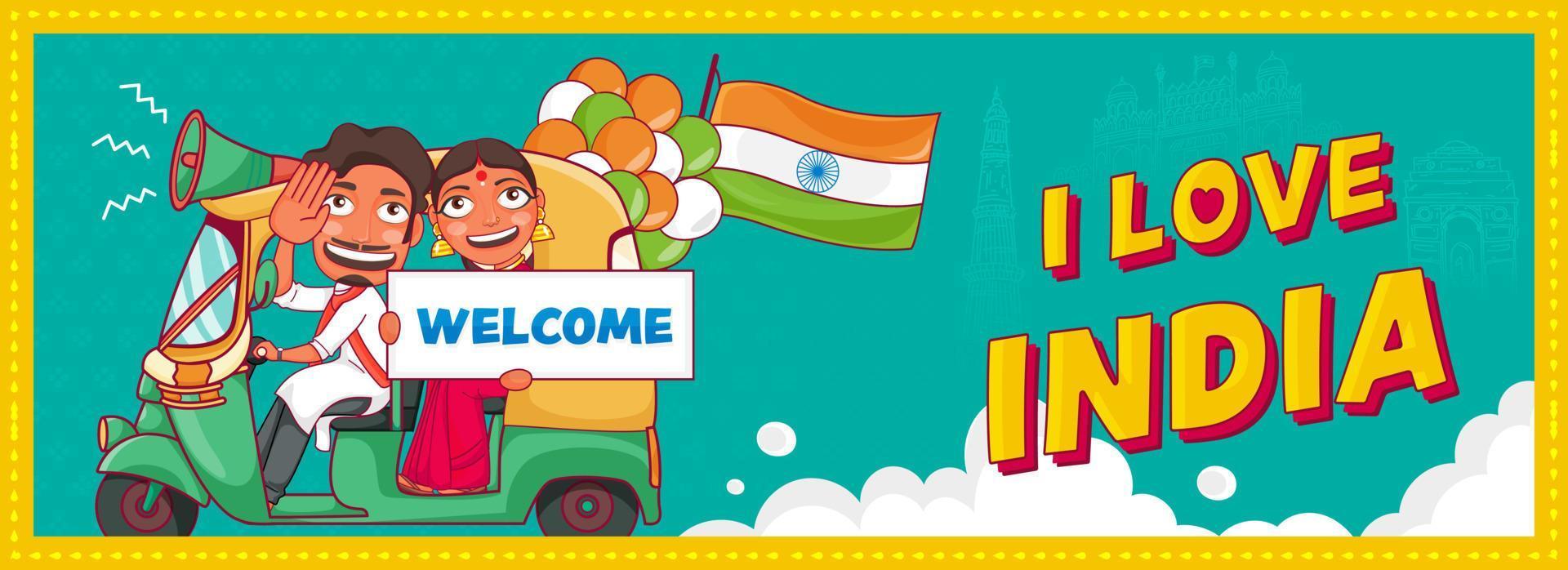 jag kärlek Indien text med glad man körning bil, kvinna som visar Välkommen meddelande styrelse, tricolor ballonger och Indien flagga på turkos bakgrund. vektor