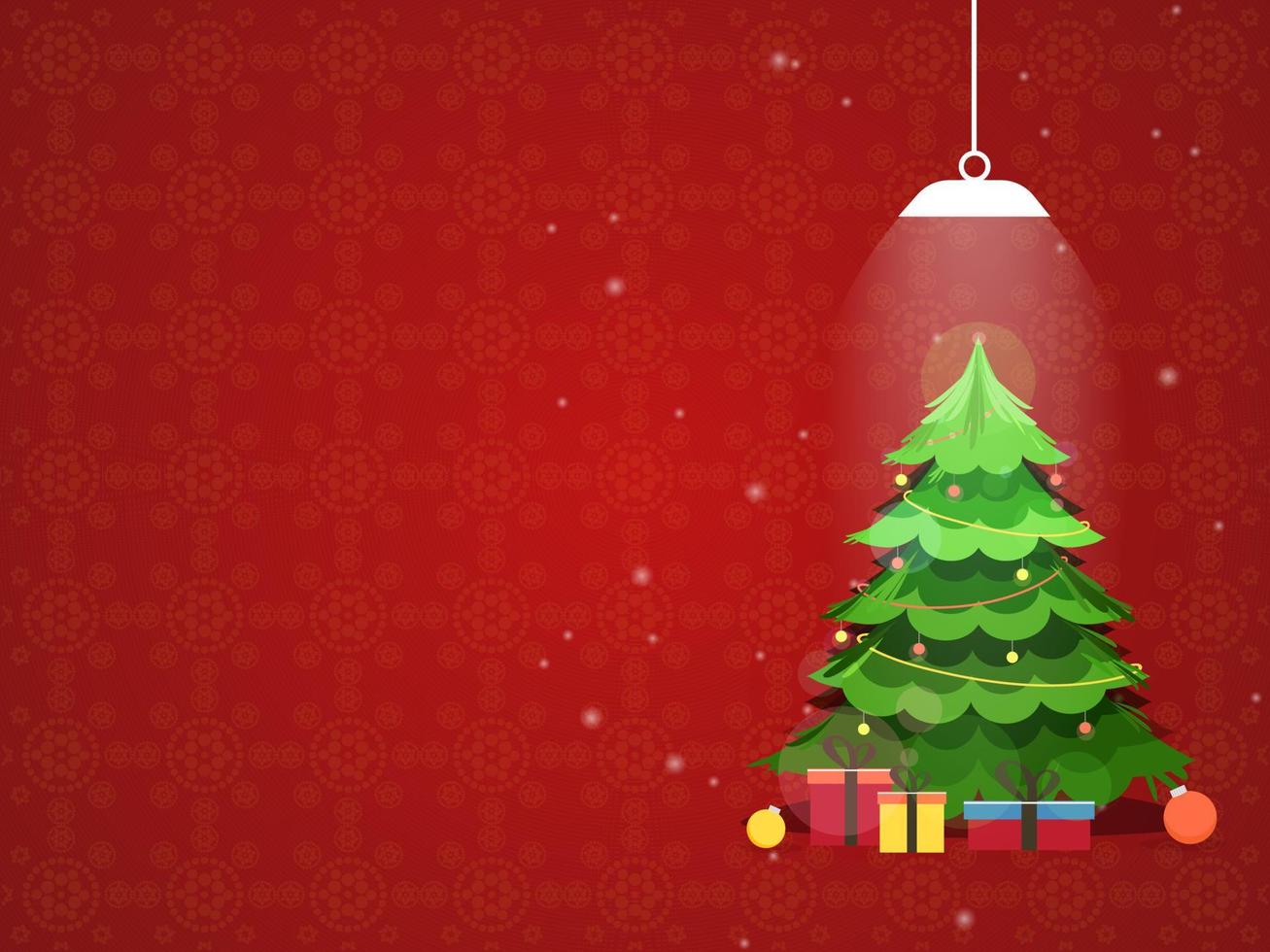 Illustration von Weihnachten Baum mit Kugeln, Geschenk Kisten und Decke Lampe auf rot Hintergrund. vektor