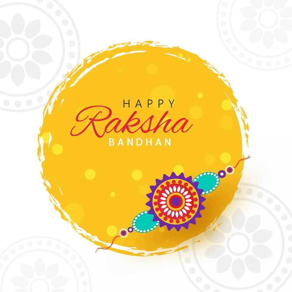 glücklich Raksha Bandhan Schriftart mit Blumen- Rakhi und Gelb Bürste Schlaganfall Kreis gestalten auf Weiß Mandala Hintergrund. vektor