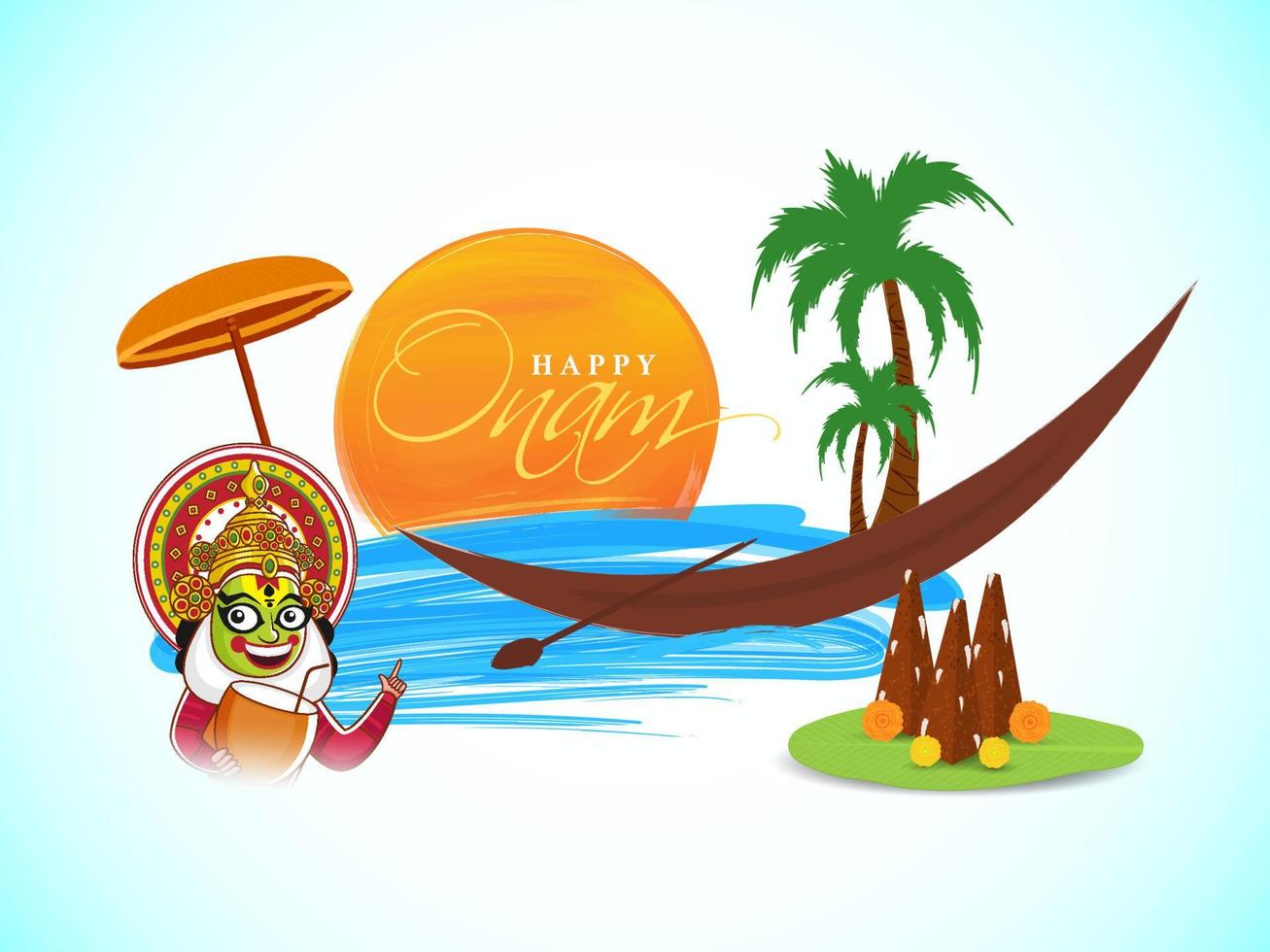 glad kathakali dansare innehav kokos dryck med thrikkakara appan idol, handflatan träd, aranmula båt och kreativ soluppgång hav på glansig blå bakgrund för Lycklig onam firande. vektor