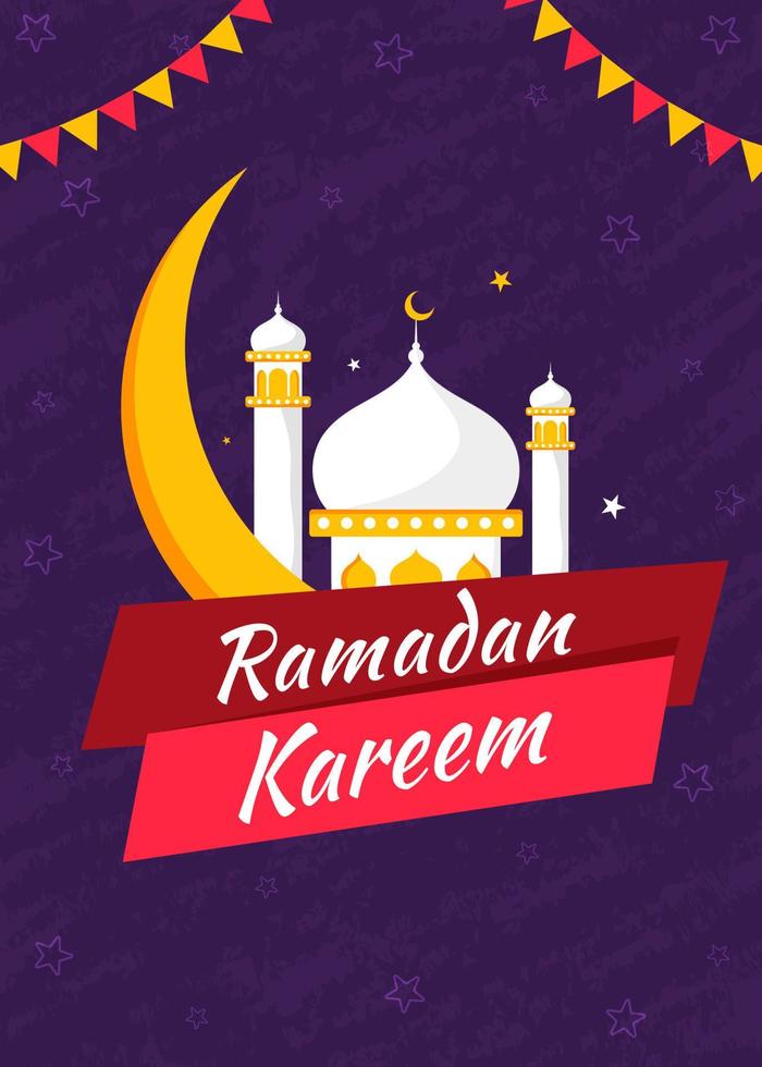 Ramadan kareem Feier Vorlage Design mit Halbmond Mond und Moschee auf lila Star Textur Hintergrund. vektor