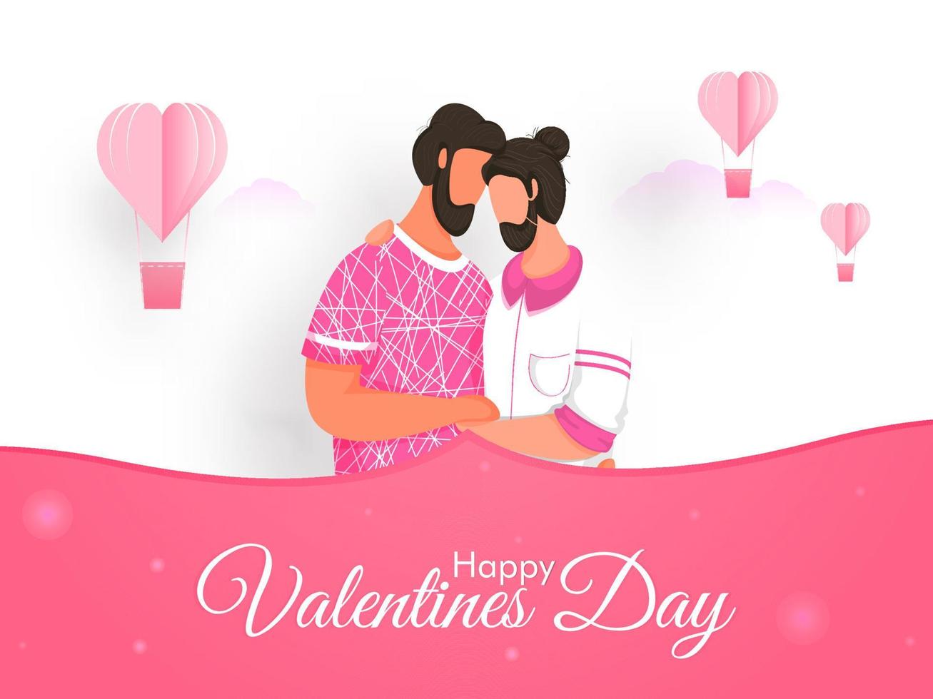Lycklig hjärtans dag font med tecknad serie Gay par omfamnar, papper skära varm luft ballonger på rosa och vit bakgrund. vektor