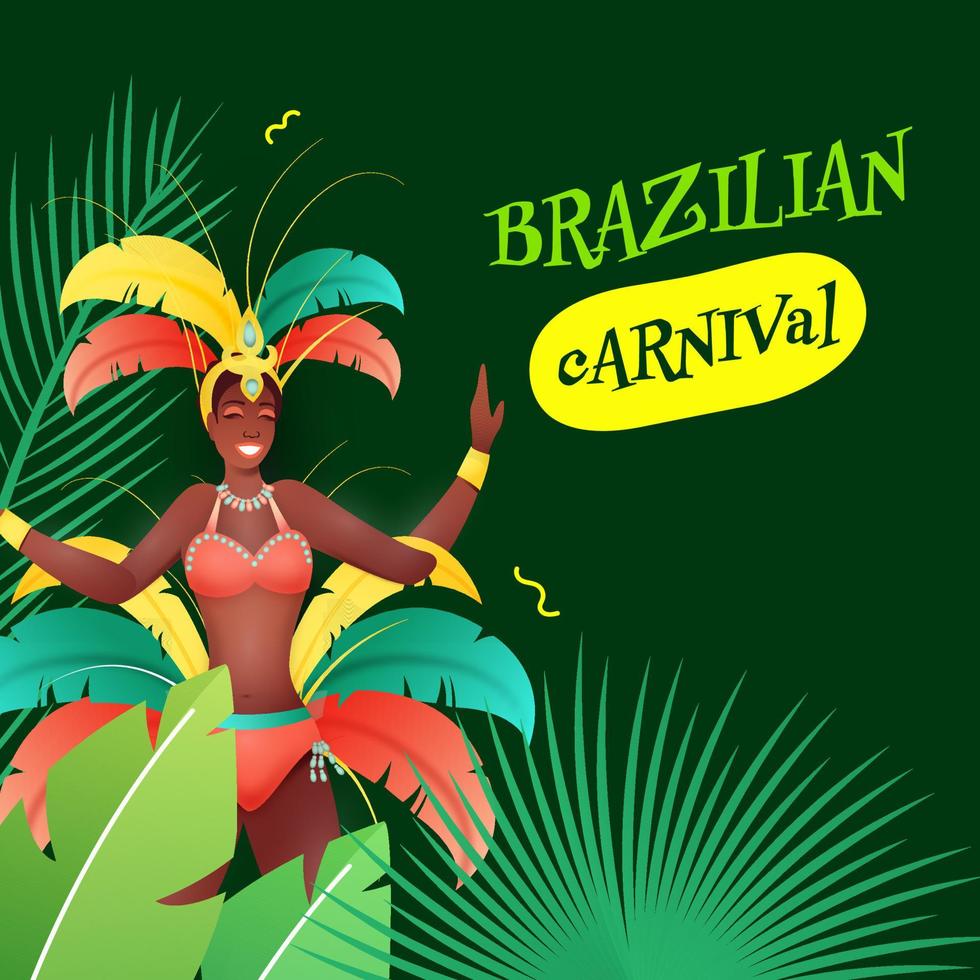 Brasilianer Karneval Feier Konzept mit weiblich Samba Tänzer Charakter und Blätter auf Grün Hintergrund. vektor