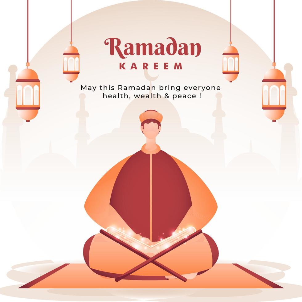 Ramadan kareem Poster Design mit Karikatur Muslim Mann lesen ein Koran heilig Buch, magisch Licht bewirken und hängend Laternen dekoriert Hintergrund. vektor