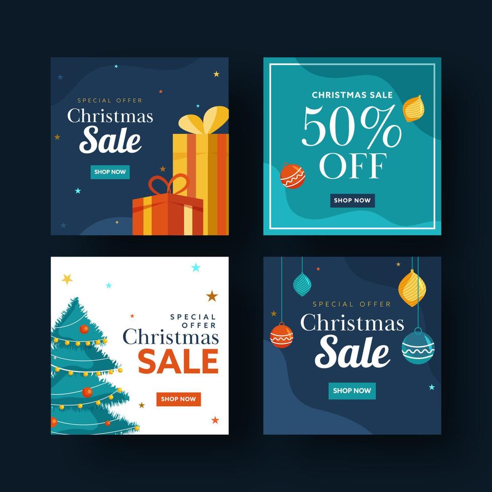 uppsättning av jul försäljning affisch design med särskild erbjudanden, gåva lådor, xmas träd och hängande grannlåt dekorerad bakgrund. vektor