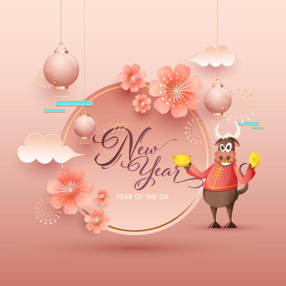 Karikatur Ochse Charakter halten Barren mit des Kaisers Münzen, Blumen, Papier Wolken und hängend realistisch Laternen dekoriert auf glänzend Pfirsich Hintergrund zum glücklich Chinesisch Neu Jahr. vektor