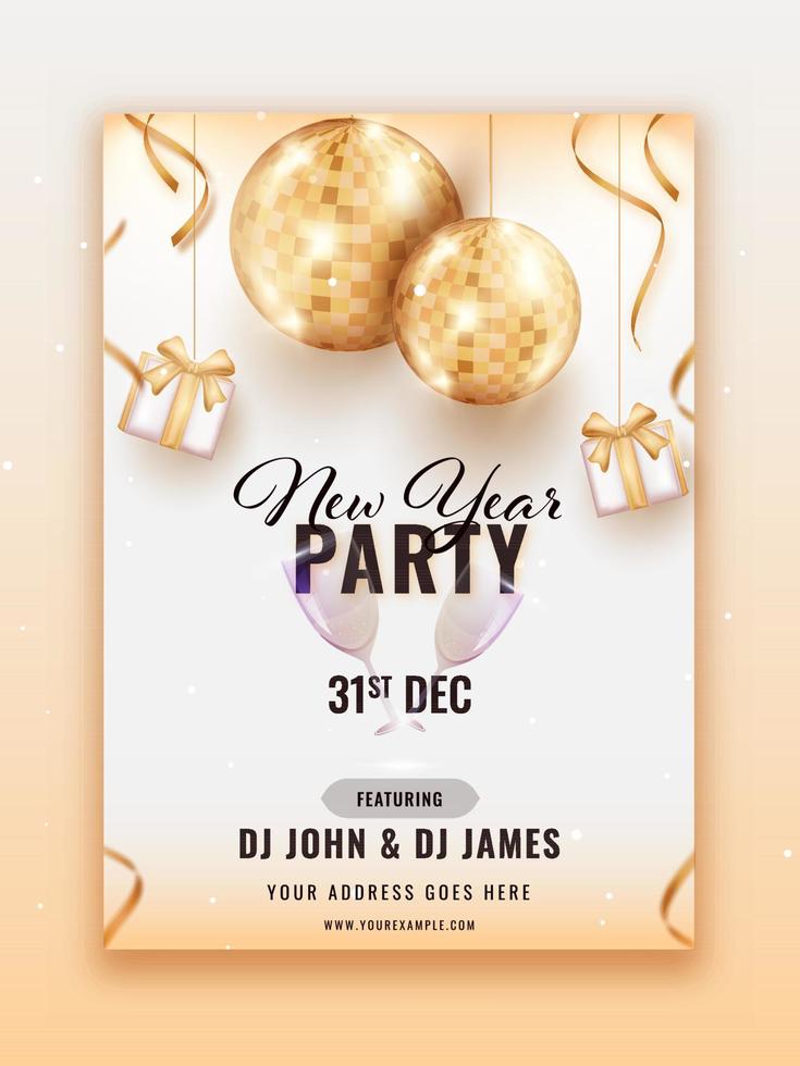 Neu Jahr Party Flyer Design mit golden 3d Disko Bälle und Geschenk Kisten hängen auf glänzend Hintergrund. vektor