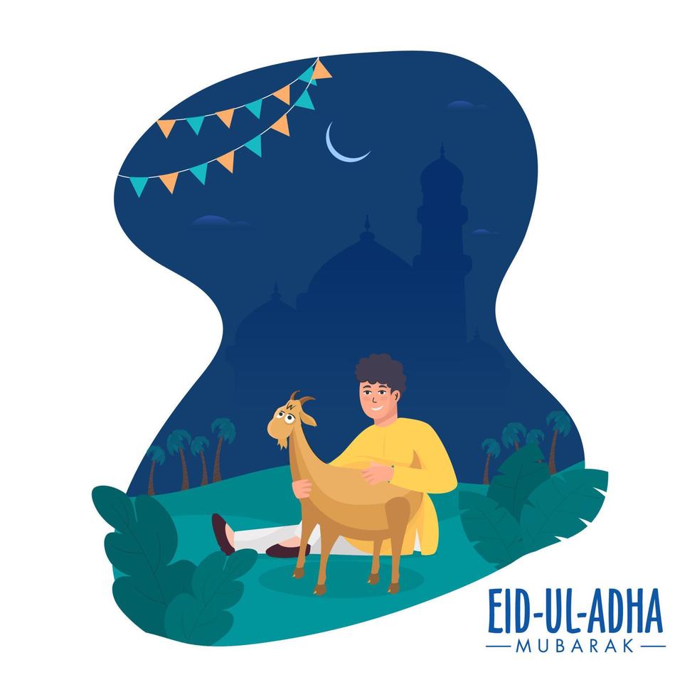 eid-ul-adha Mubarak Poster Design mit Glück Muslim Junge halten ein Ziege und Blau Silhouette Moschee auf abstrakt Natur Nacht Aussicht Hintergrund. vektor