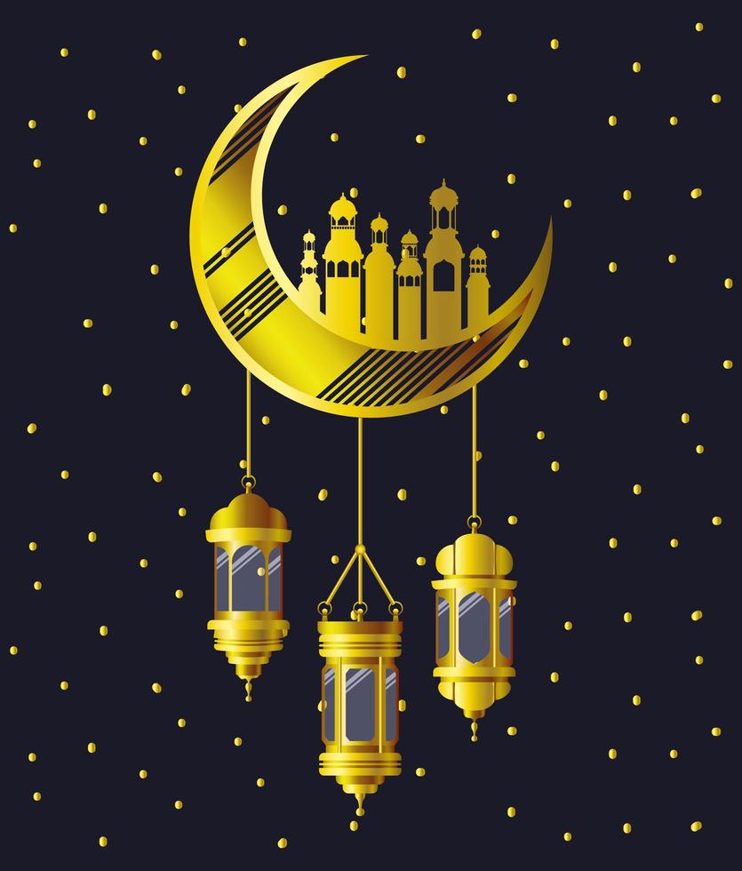 gyllene måne med moskébyggnader och hängande lampor vektor