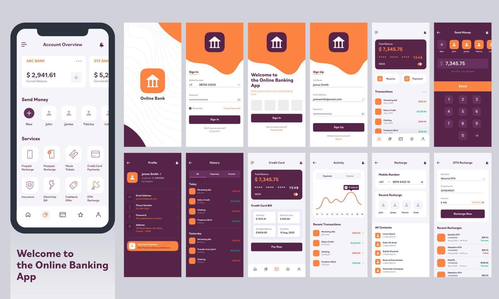 online Bankwesen Handy, Mobiltelefon App ui Kit mit anders Layout einschließlich Zeichen In, erstellen Konto, senden Geld, Zeichen hoch, aufladen und Benachrichtigung Bildschirme. vektor