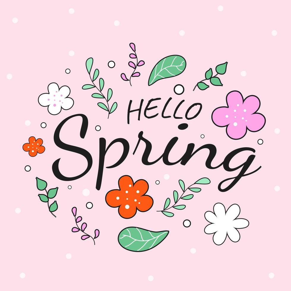 Hallo Frühling Schriftart mit Blumen und Blätter dekoriert auf Pastell- Rosa Hintergrund. vektor