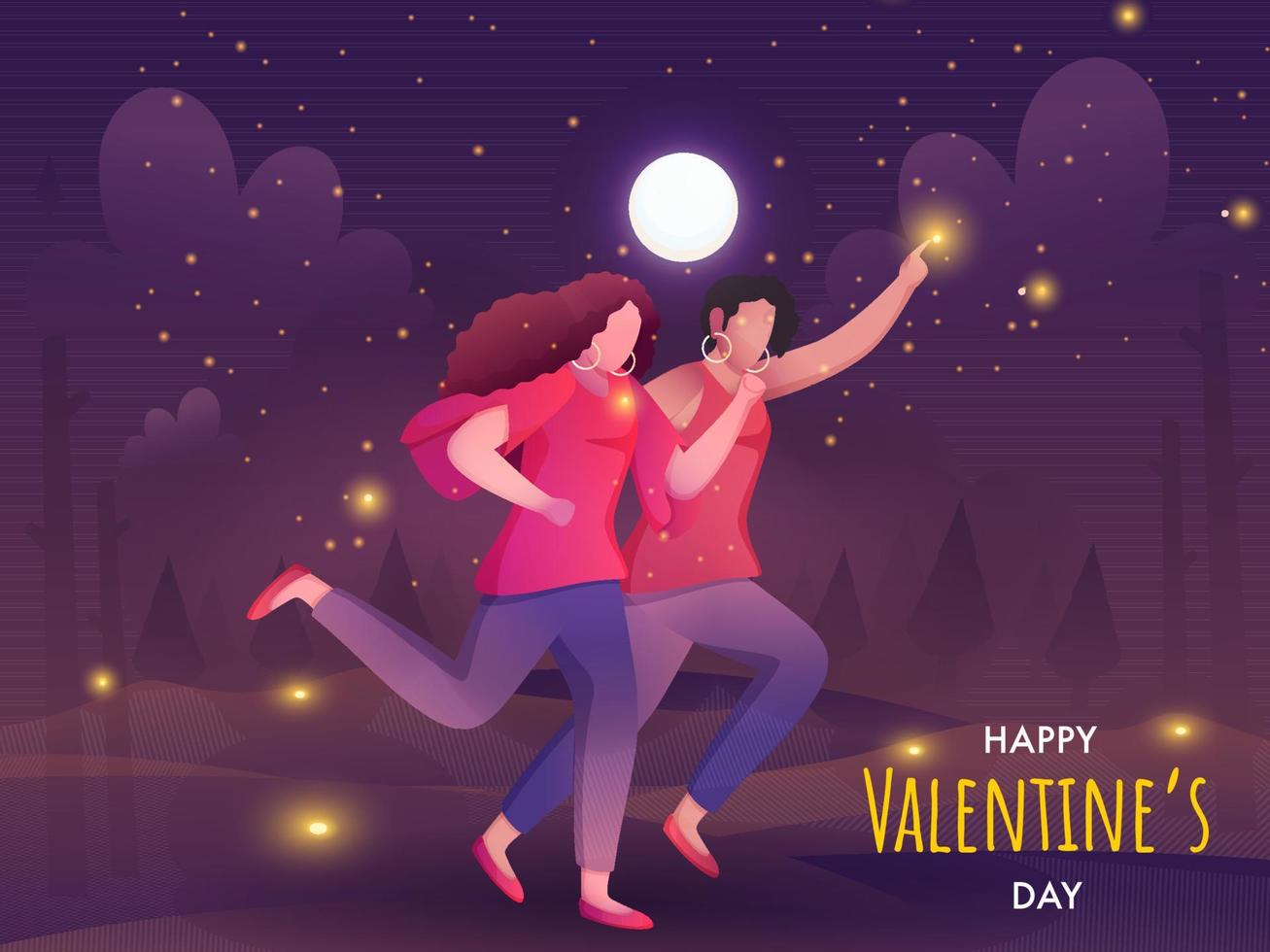 ansiktslös ung lesbisk kvinna par löpning på full måne landskap bakgrund för Lycklig hjärtans dag begrepp. vektor