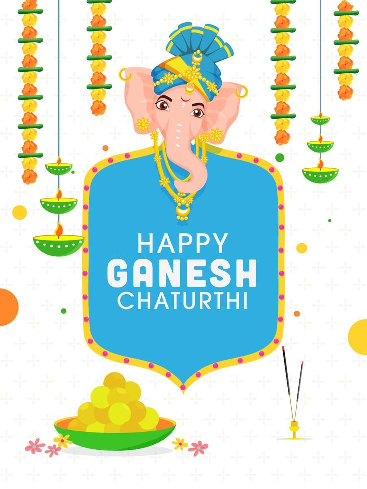 vektor illustration av herre ganpati ansikte med laddu skål, rökelse hållare, olja lampa lager och blommig krans på vit bakgrund för Lycklig ganesh chaturthi.