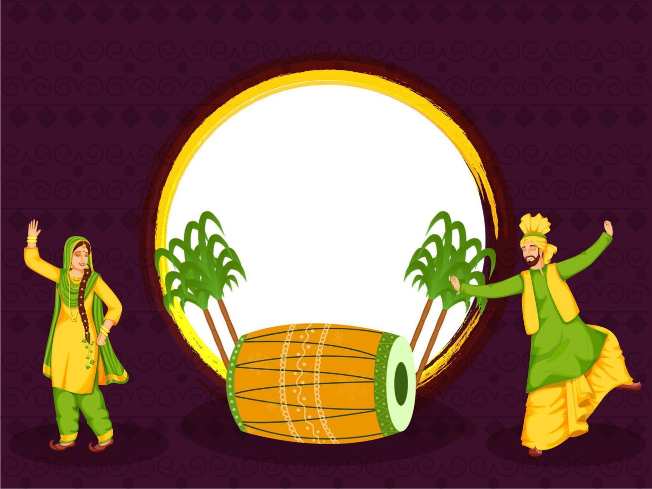 punjabi man och kvinna håller på med bhangra dansa med dhol instrument, sockerrör och Plats för text på lila bakgrund. vektor