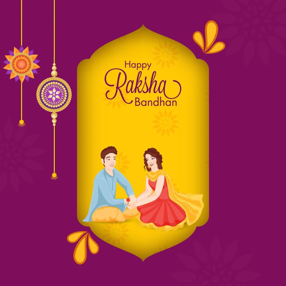 glücklich Raksha Bandhan Gruß Karte Design mit schön jung Mädchen binden Rakhi auf ihr Bruder Handgelenk. vektor