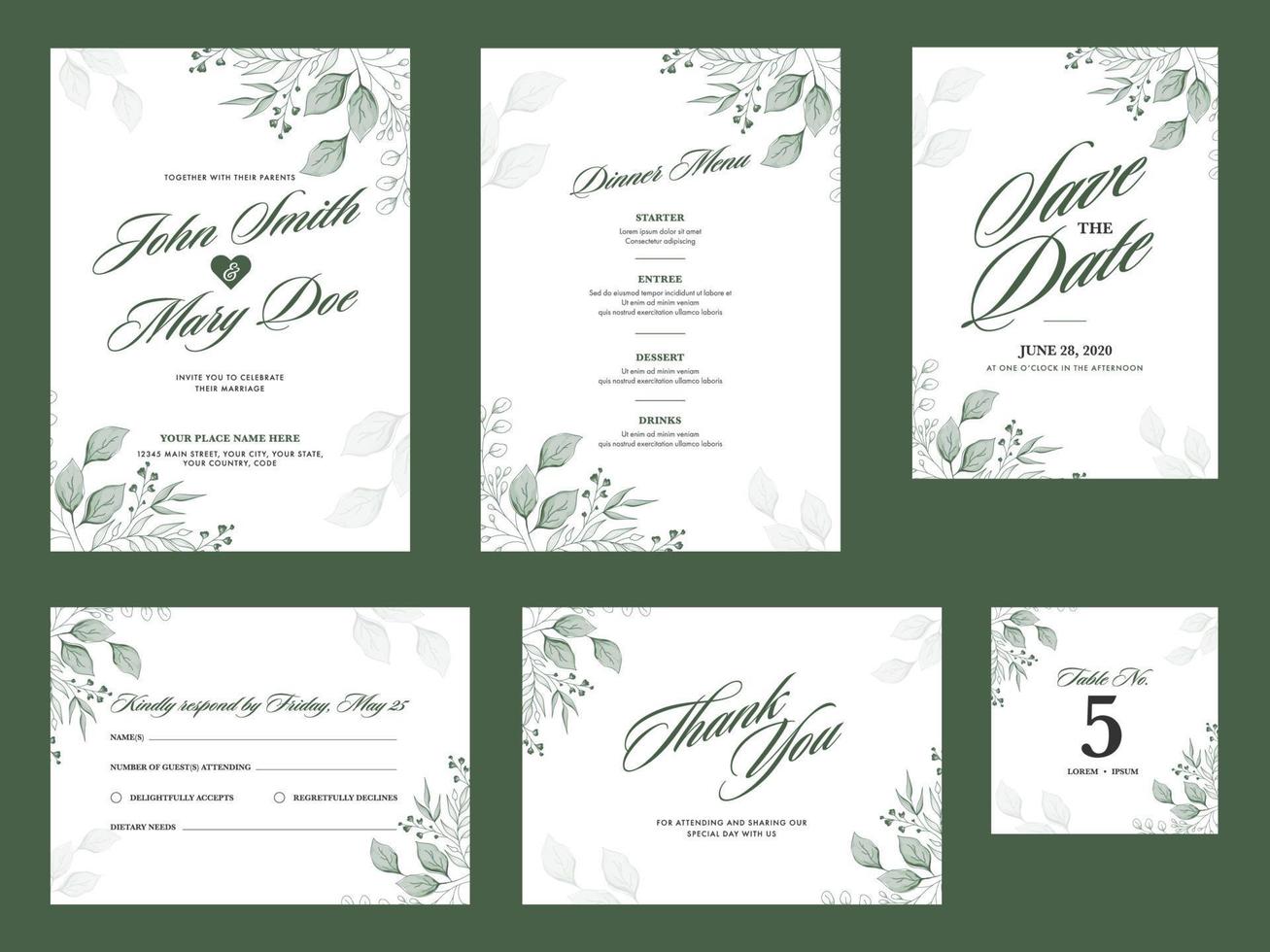 uppsättning av bröllop inbjudan kort dekorerad med grön löv, knoppar och information. vektor