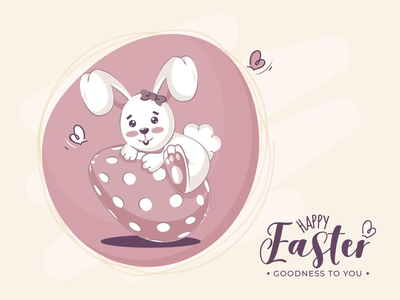 Lycklig påsk, godhet till du font med tecknad serie kanin klättrande på målad ägg. vektor
