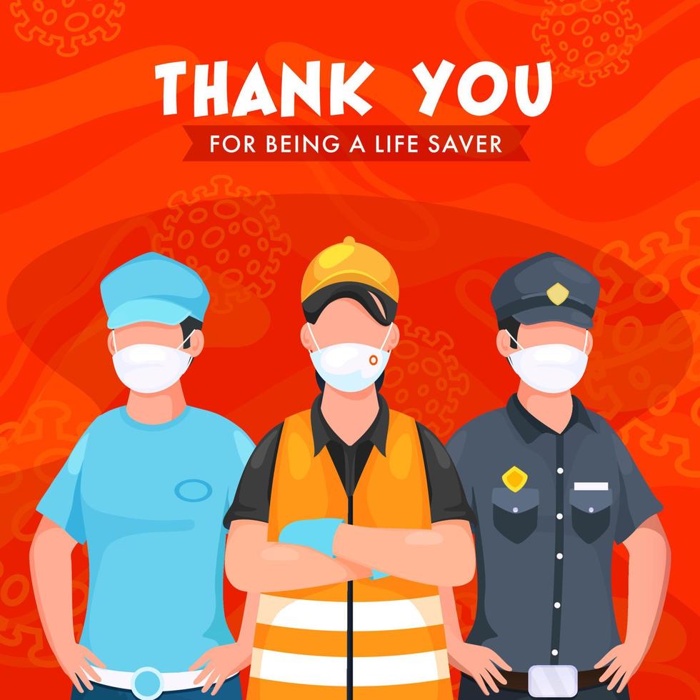 tacka du polis och grundläggande arbetare för varelse en livräddare på röd bakgrund. vektor