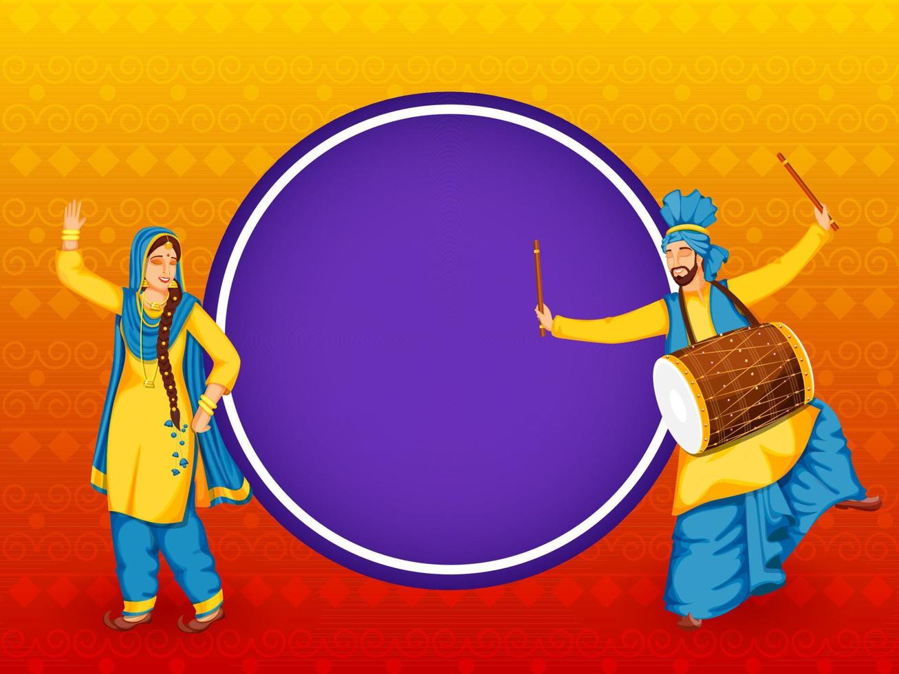 Illustration von Punjabi Paar tun Bhangra tanzen mit dhol Instrument und violett leeren kreisförmig Rahmen auf Orange Hintergrund. vektor
