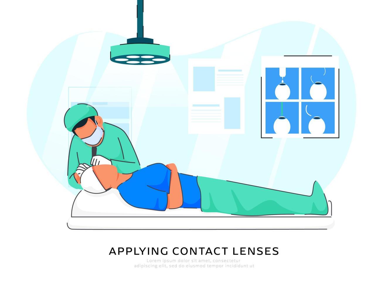 applicering Kontakt linser affisch design med läkare sätta lins i ögon av patient kvinna. vektor