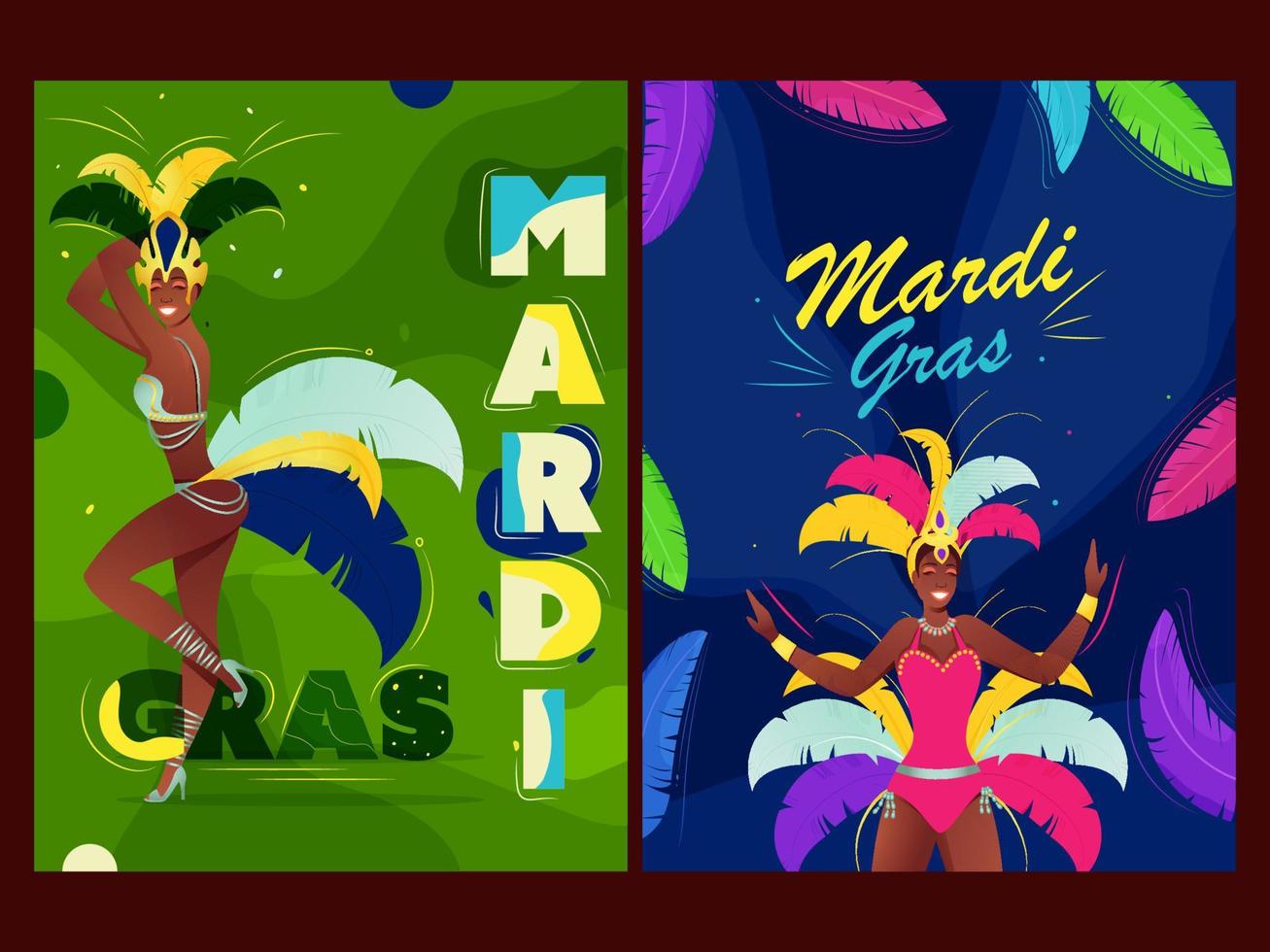 grön och blå mardi gras mall design med kvinna samba dansare på abstrakt bakgrund. vektor