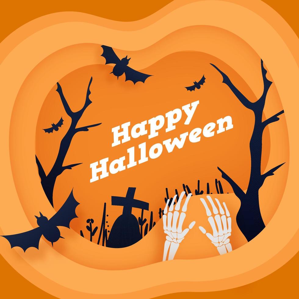 Orange Papier Schnitt Hintergrund mit nackt Bäume, fliegend Fledermäuse, Friedhof und Skelett Hände zum glücklich Halloween Feier. vektor