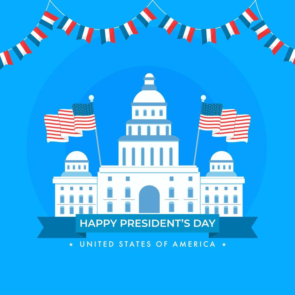 Lycklig presidentens dag affisch design med vit hus illustration och amerikan vågig flaggor på blå bakgrund. vektor