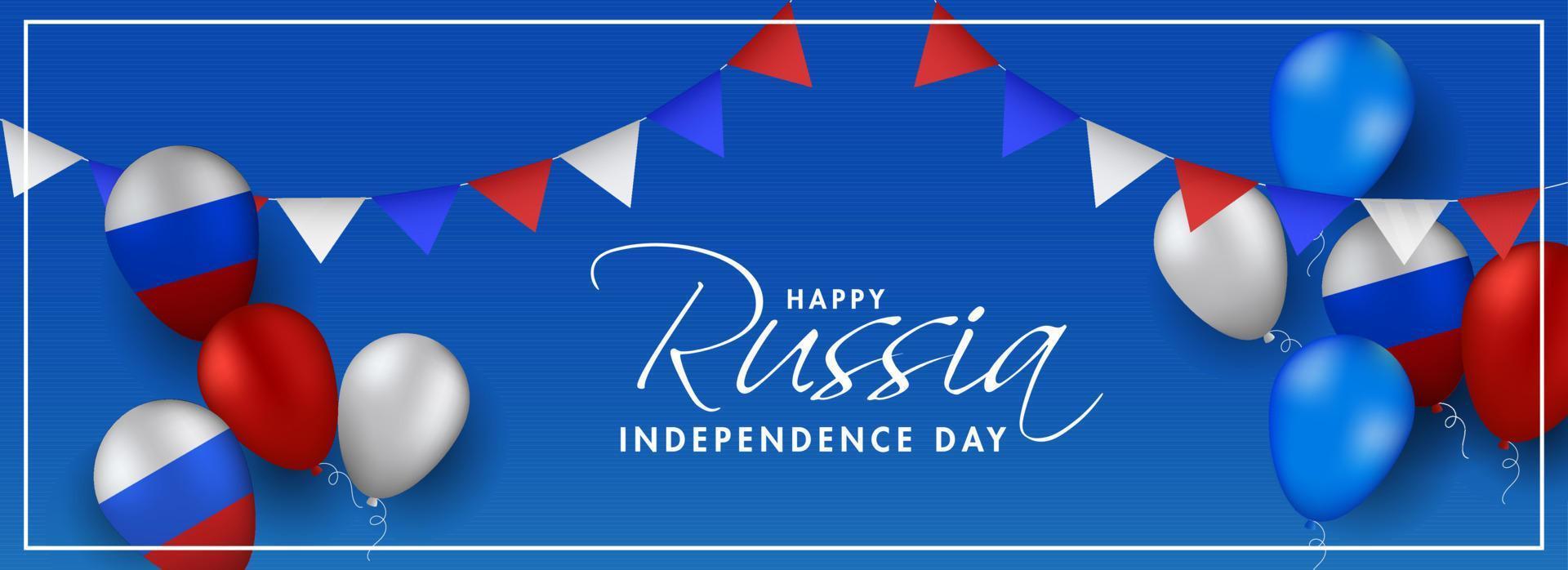 Lycklig ryssland oberoende dag font på blå bakgrund dekorerad med flaggväv flaggor och glansig ballonger i ryska nationell tricolor. vektor