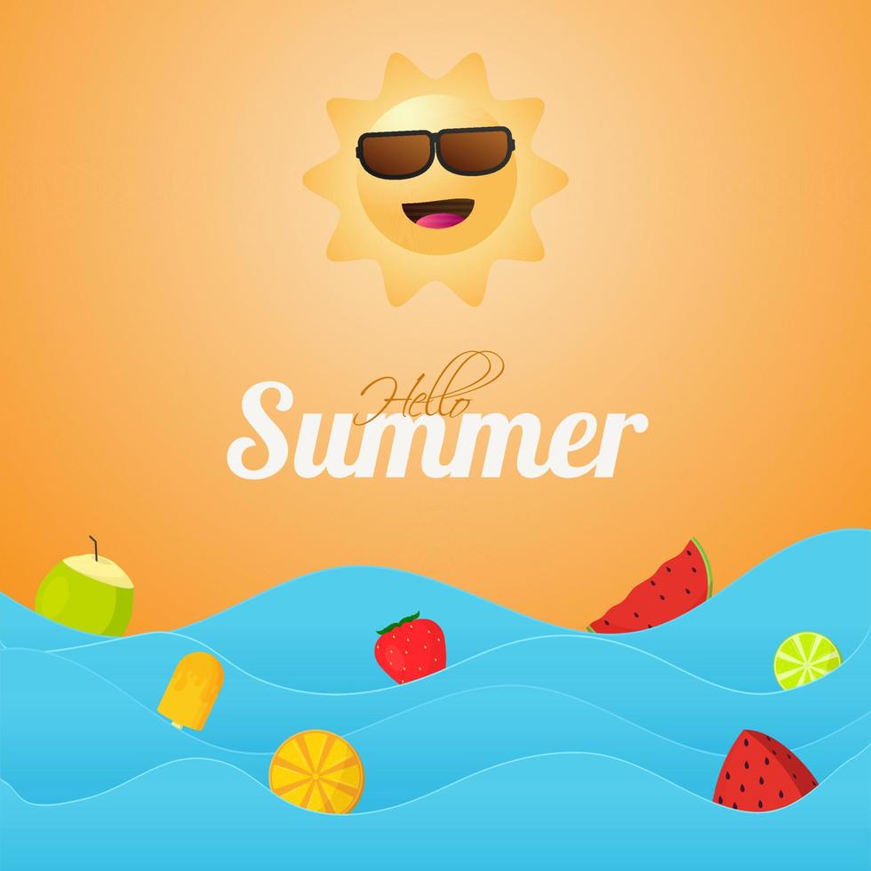 Hallo Sommer- Schriftart mit Karikatur glücklich Sonne, Früchte, Kokosnuss trinken und Eis Sahne Stock auf Papier Schnitt Wellen und Orange Hintergrund. vektor