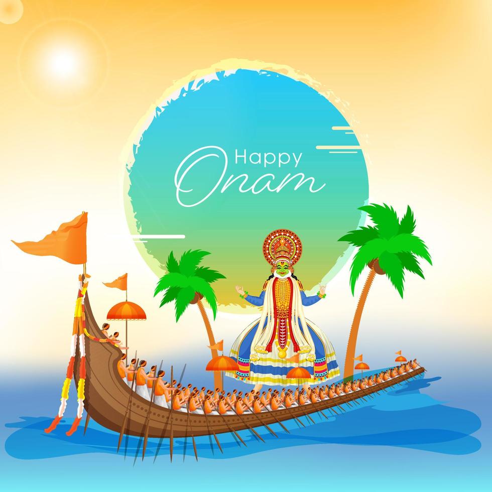 hapy onam font med kathakali dansare karaktär, kokos träd och aranmula båt lopp på flod och solsken bakgrund. vektor
