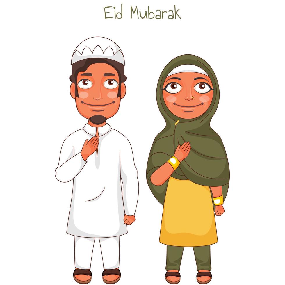 tecknad serie islamic man och kvinna i aadab utgör för eid mubarak firande. vektor