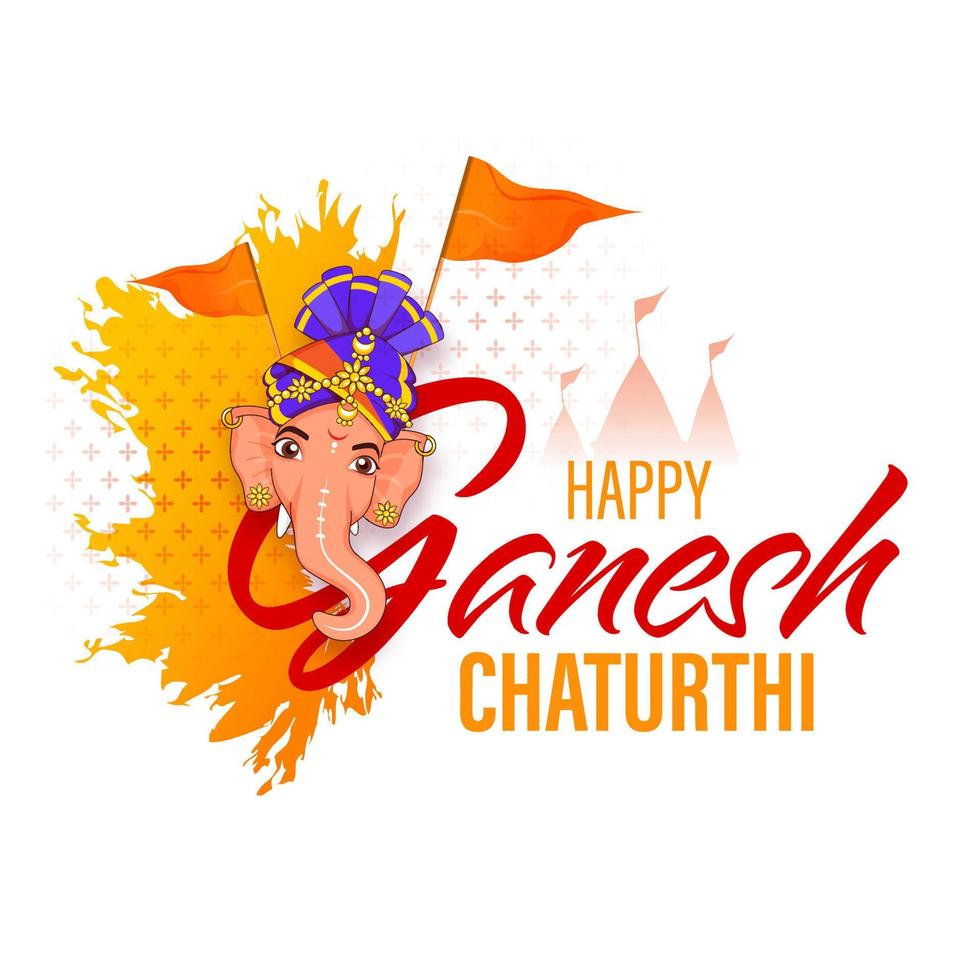 glücklich Ganesh Chaturthi Schriftart mit Herr Ganpati Gesicht, Flaggen, Silhouette Tempel und Gelb Bürste bewirken auf Weiß Hintergrund. vektor