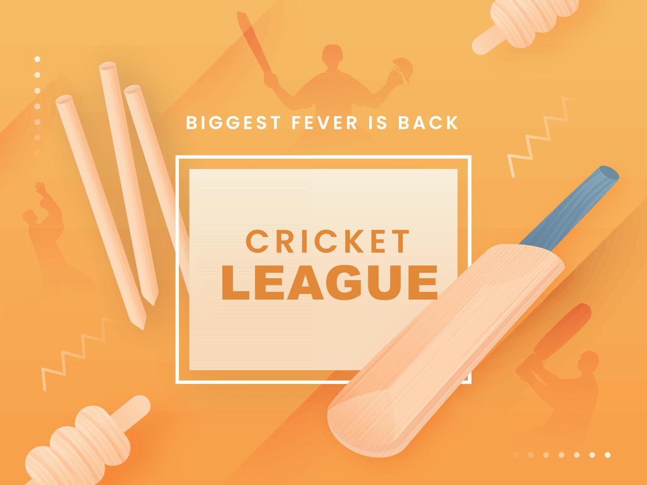 Kricket Liga größte Fieber ist zurück Text mit realistisch Schläger, Wicket Stumpf und Silhouette Spieler auf Licht Orange Hintergrund. vektor