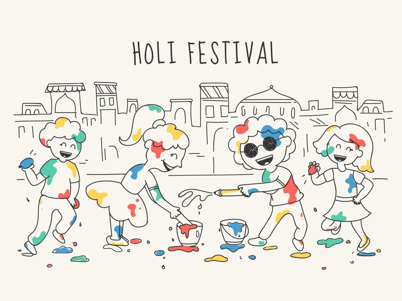 Gekritzel Stil Illustration von glücklich Kinder Charakter feiern holi Festival im Vorderseite von Haus Städte. vektor