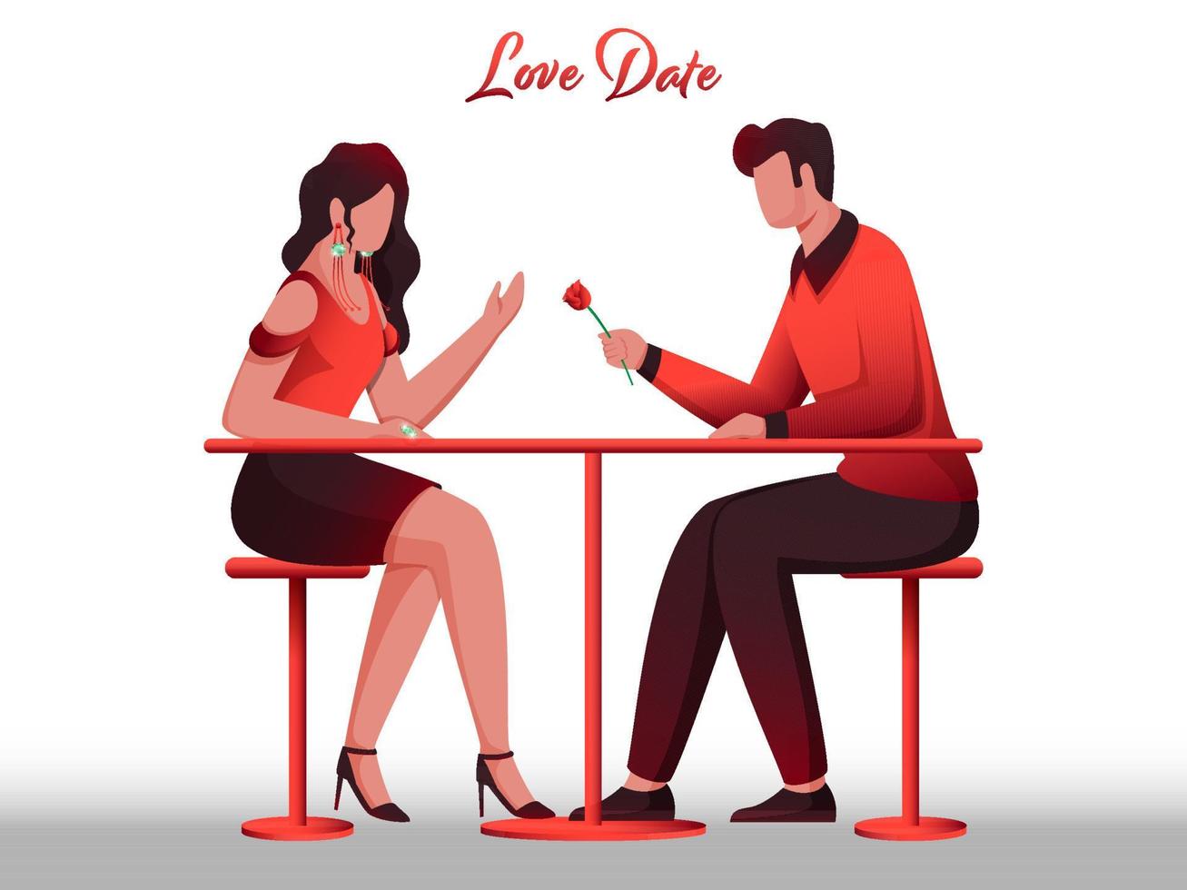 Karikatur jung Mann geben ein Rose zu seine Freundin beim Restaurant Tabelle zum Liebe Dating Konzept. vektor