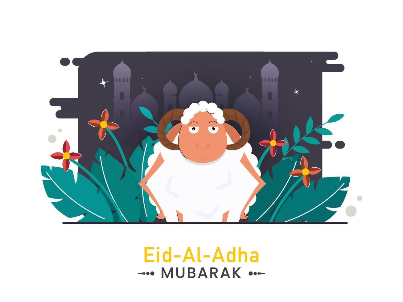 eid-al-adha mubarak affisch design med tecknad serie får och blommig natur se på abstrakt moské bakgrund. vektor