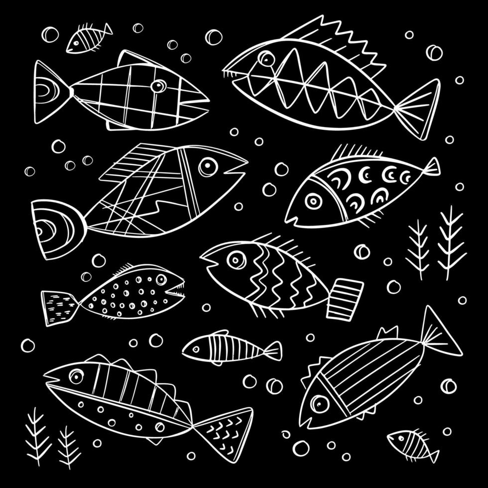 fisk uppsättning hav svartvit skiss platt stil vektor samling