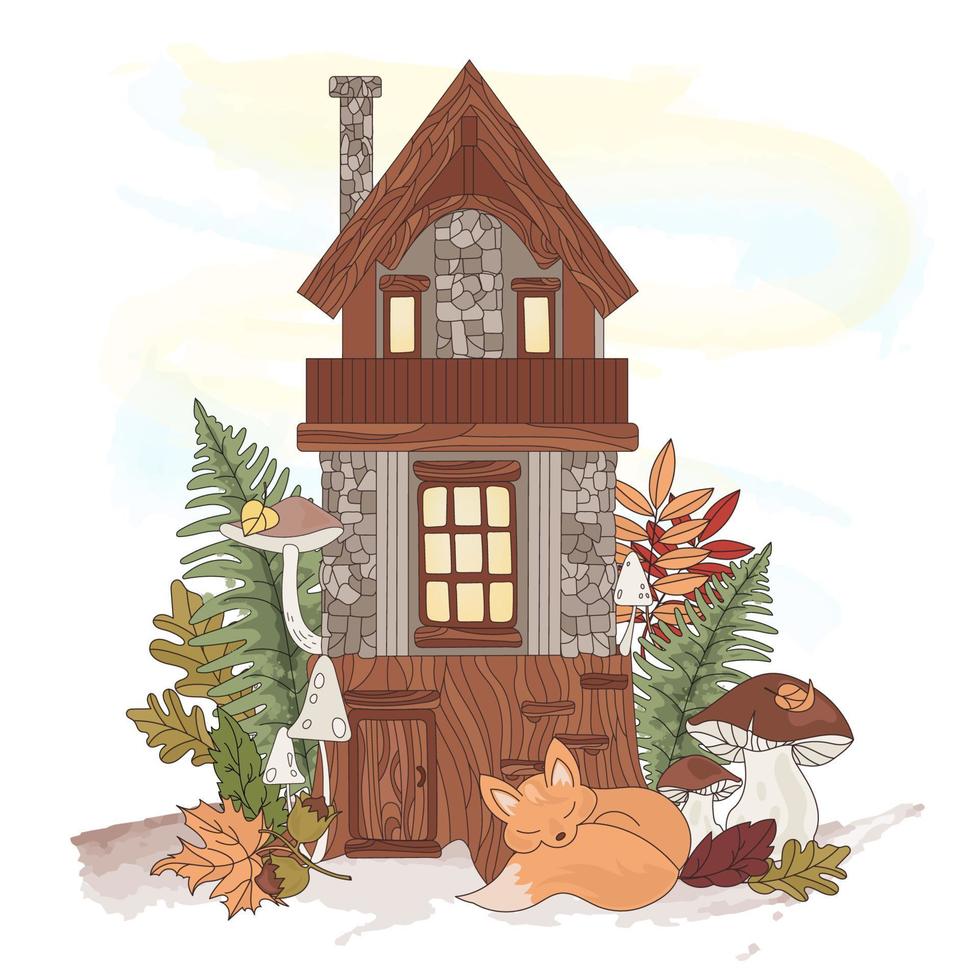 Fee Haus Herbst fallen Wald Natur Vektor Illustration einstellen