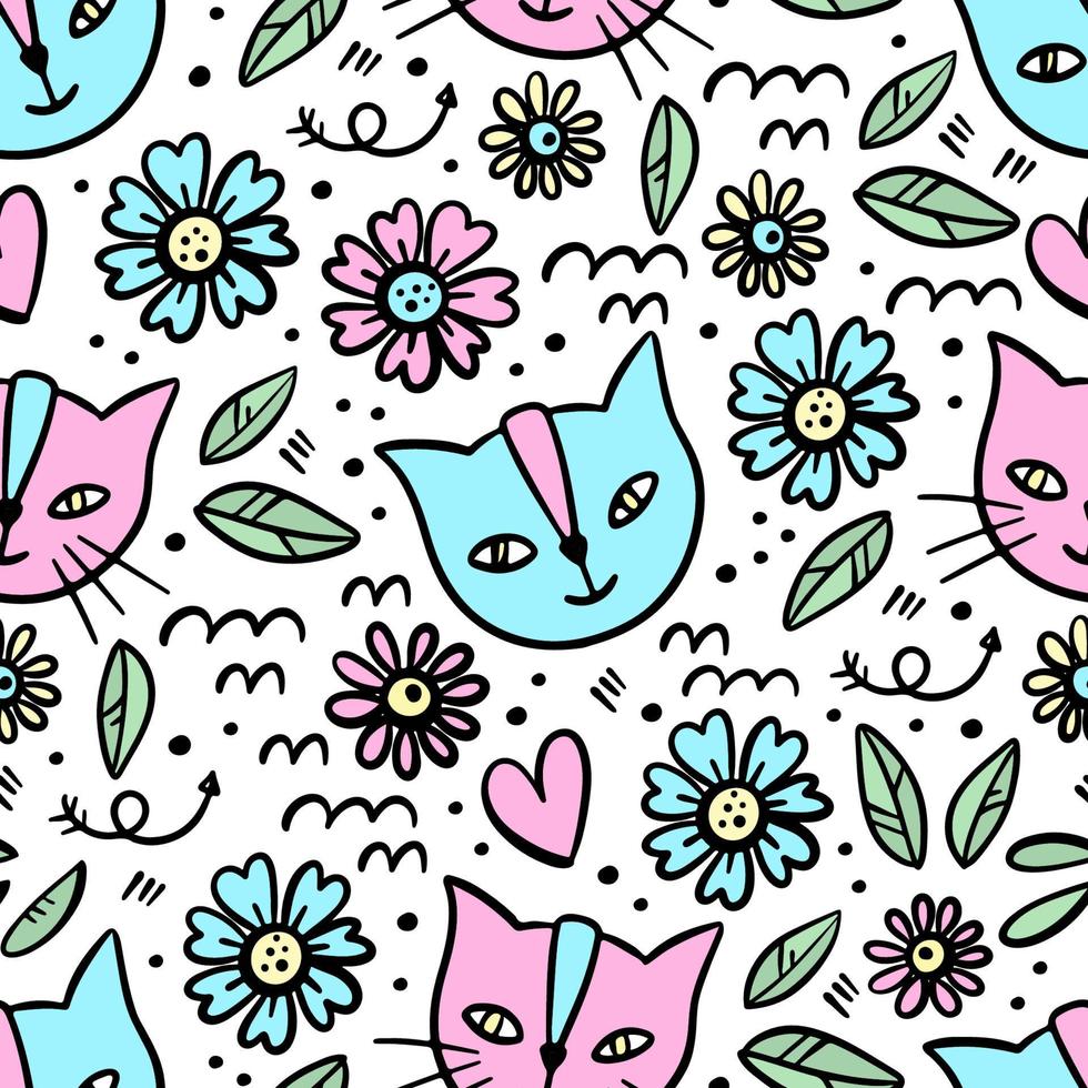 kattunge blomma tecknad serie sömlös mönster vektor illustration