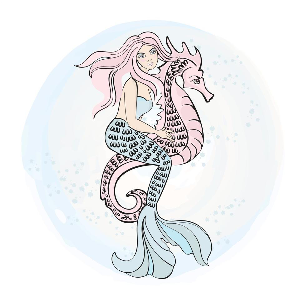 Meerjungfrau Seepferdchen Karikatur Neu Jahr Vektor Illustration einstellen