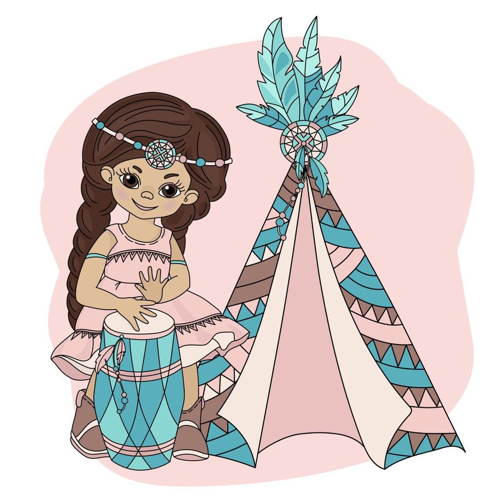 Mädchen Wigwam Pocahontas Indianer Prinzessin Vektor Illustration
