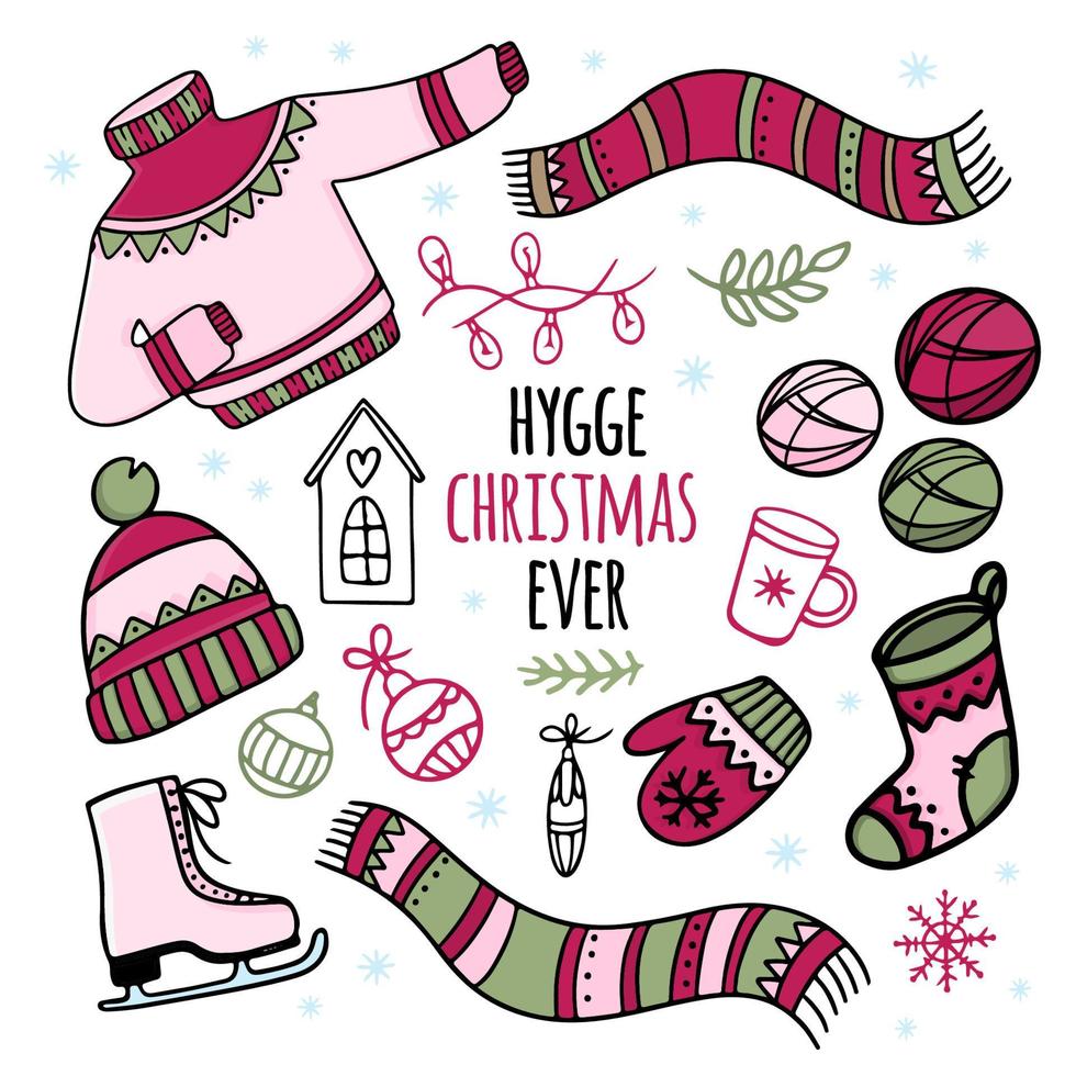 Hygge Weihnachten je Winter Kleider Vektor Illustration einstellen