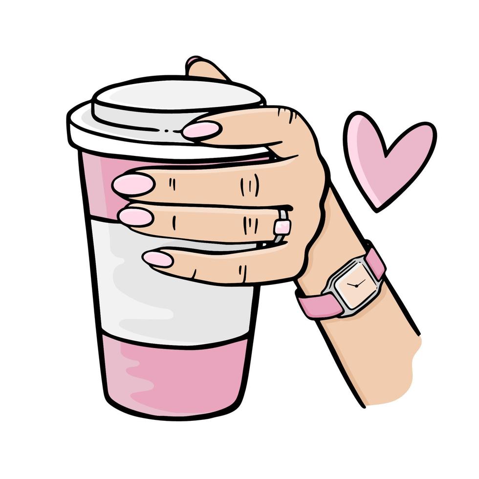 Mädchen halten ein Rosa Tasse von Kaffee Vektor Illustration einstellen