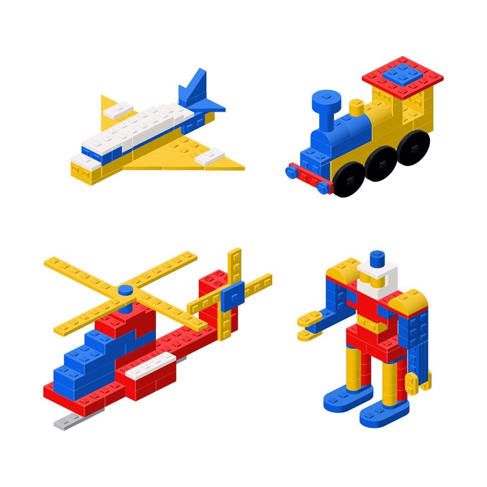 Objekte gebaut von Plastik Blöcke, ein Hubschrauber, ein Flugzeug, ein Lokomotive und ein Roboter. Vektor Clip Art
