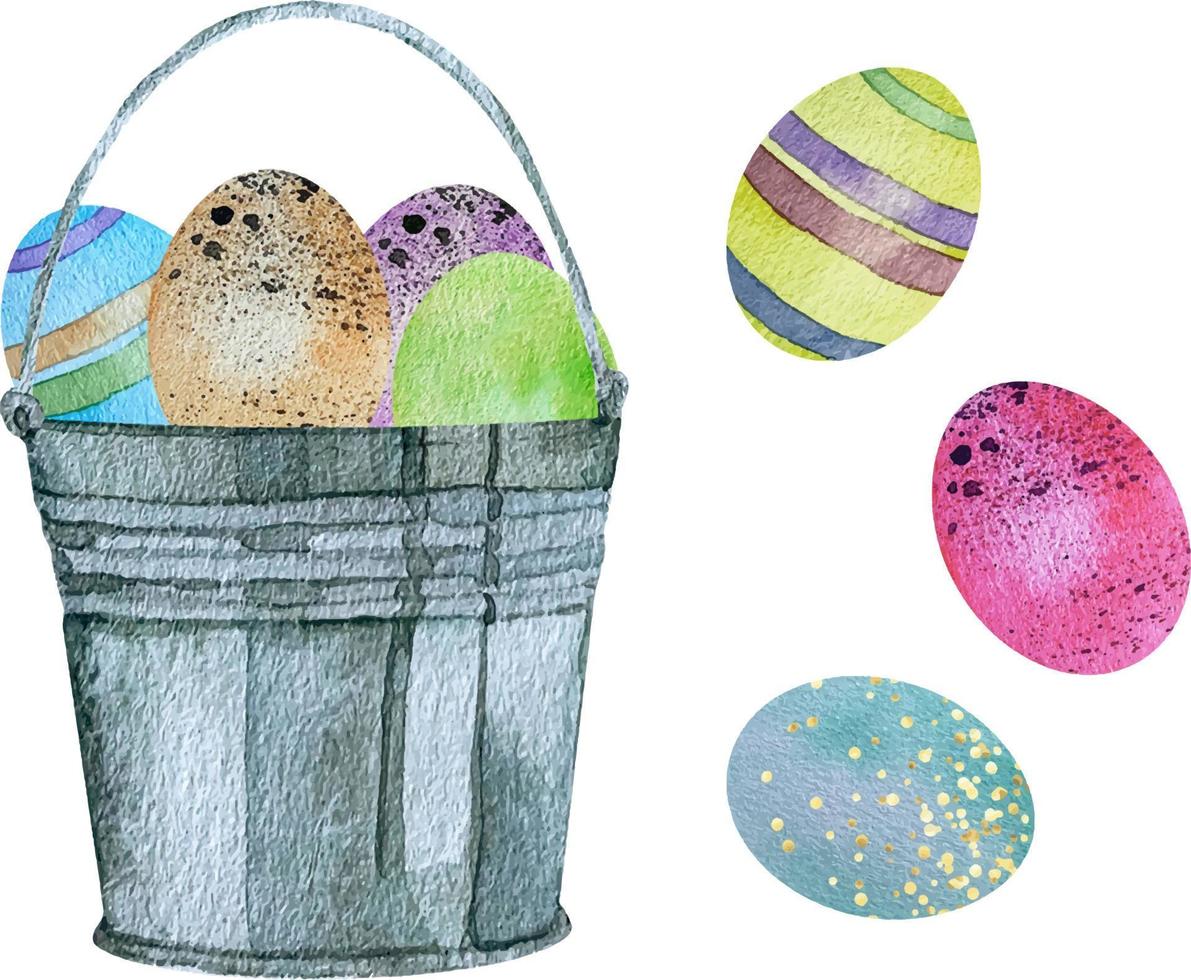 Aquarell Frühling Ostern mit rostig Eimer mit farbig Eier vektor