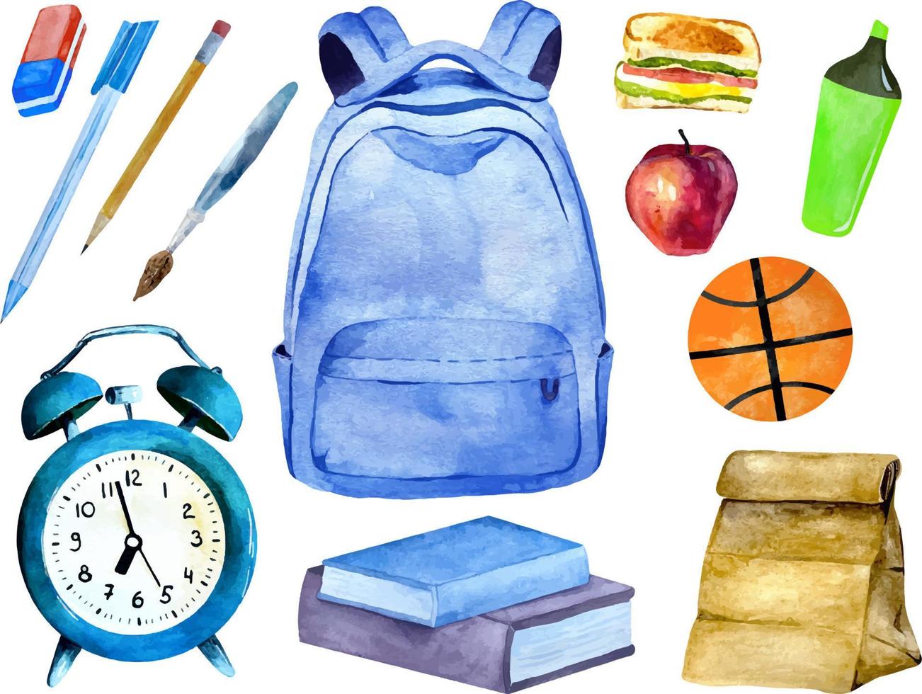 Aquarell Schule liefert mit Rucksack, Stift, Bleistift, Gummi, Bücher vektor