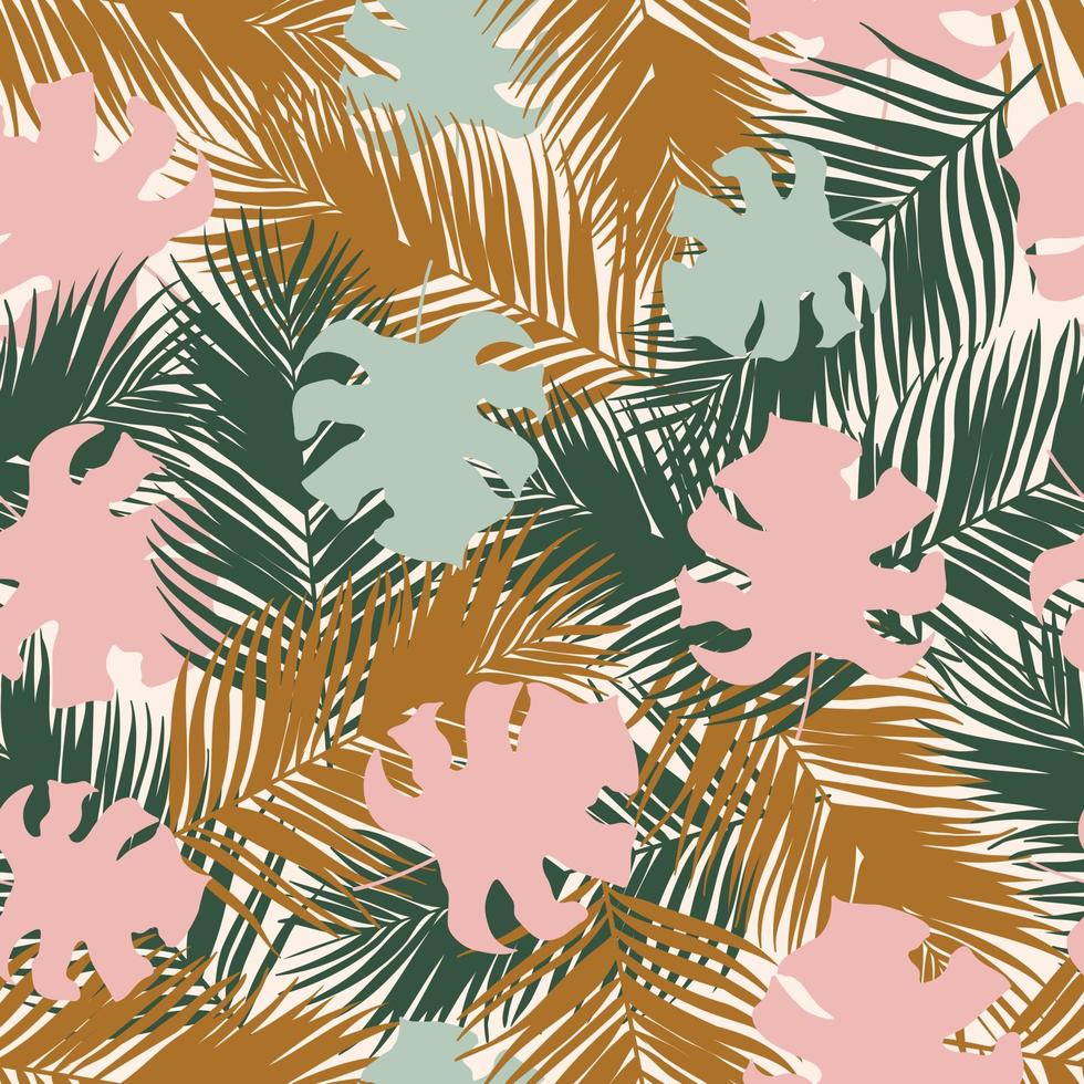 handflatan och monstera löv sömlös mönster design. tropisk löv gren och monstera sommar mönster design. tropisk blommig mönster bakgrund. trendig brasiliansk illustration. vektor