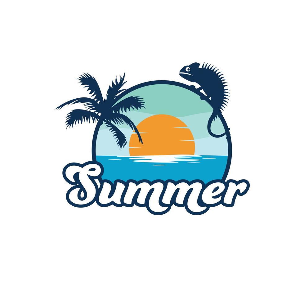 Sommer- Ausflug Logo Design. tropisch Landschaft mit Leguan Logotyp. Meer und Sonne schön Reise Symbol. vektor