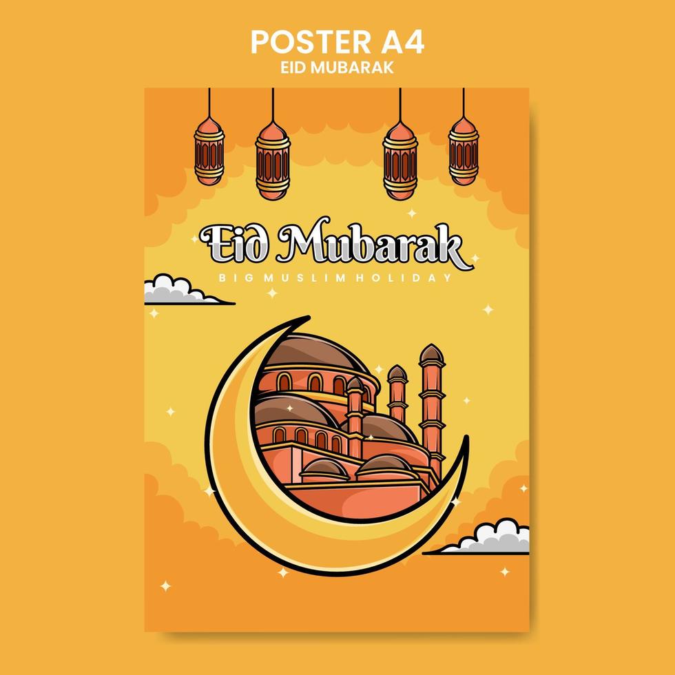 a4 storlek affisch design med de tema av eid mubarak, med illustrationer av lyktor och moskéer som är perfekt för de Semester tema vektor