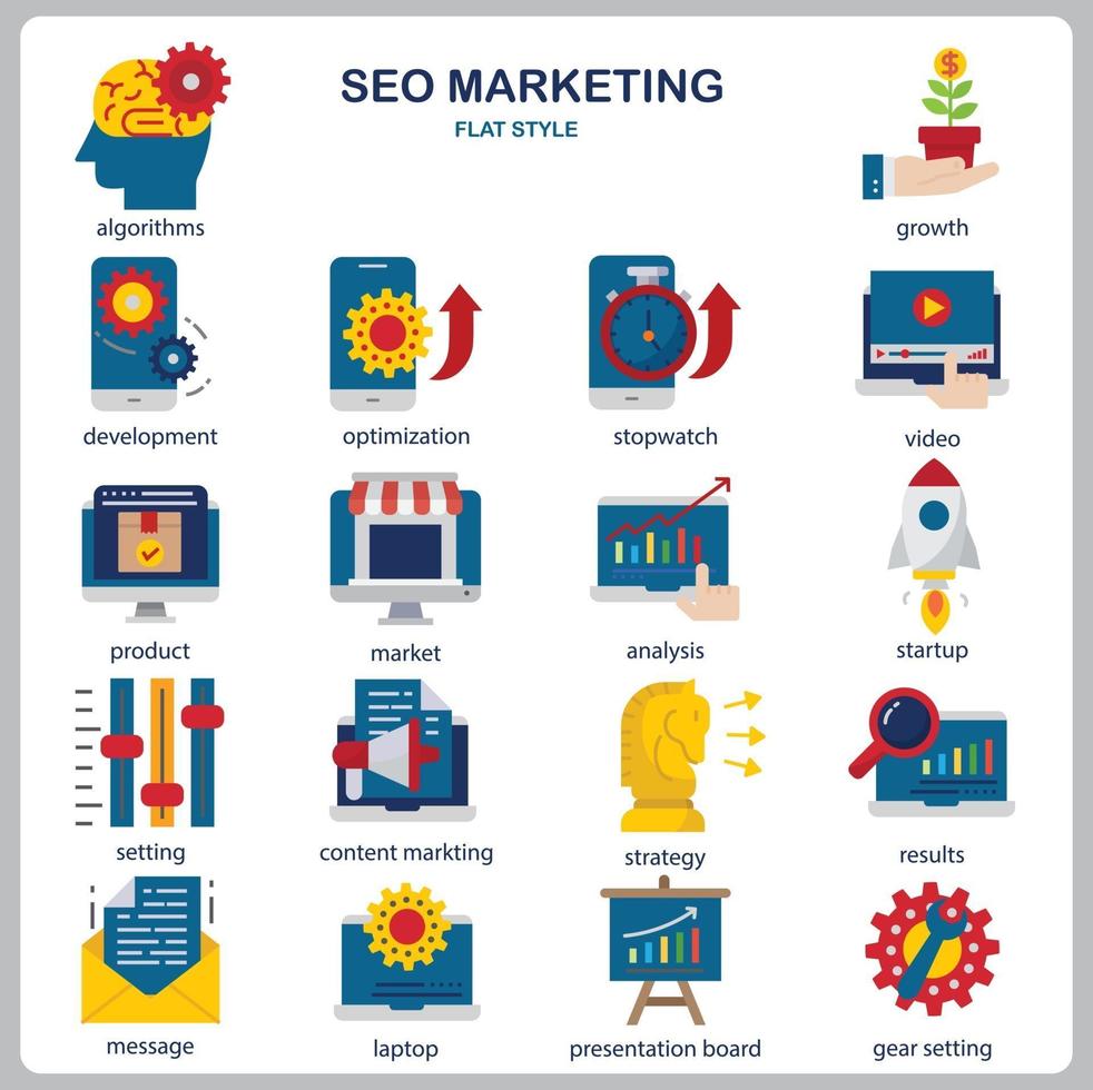 SEO Marketing Icon Set für Website, Dokument, Poster Design, Druck, Anwendung. SEO Marketing Konzept Symbol flache Stil. vektor